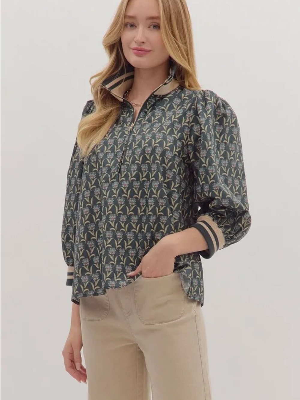 entro Printed Puff-Sleeve Half-Zip Top in Olive and Cream Trim